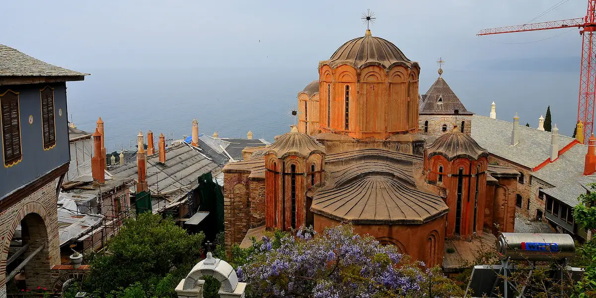 Dochiariou Monastery central church overview with sea view.