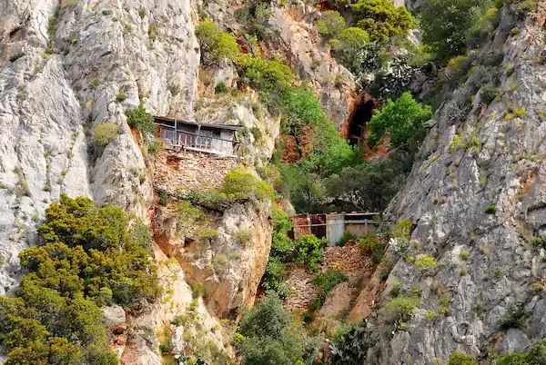 The isolated hermitages of Karoulia built dangerously on the vertical cliffs of Mount Athos.