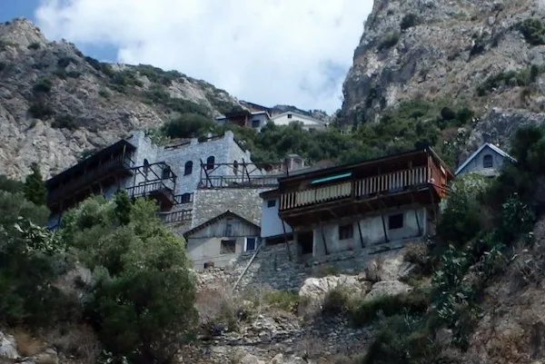The ascetic cells and hermitages of Katounakia built on the steep rocky cliffs of Mount Athos.