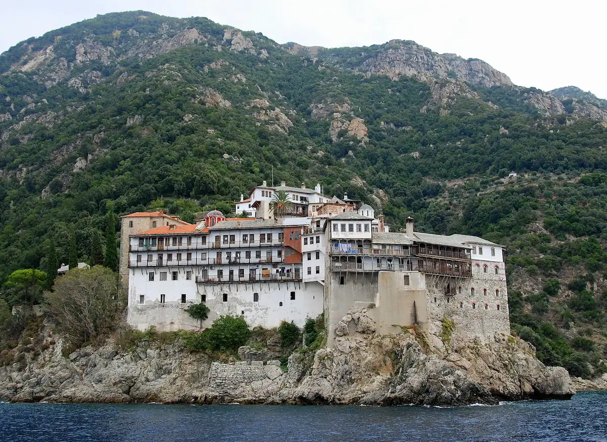 The Holy Monastery of Moni Grigoriou built on a rocky cliff by the sea at Mount Athos.
