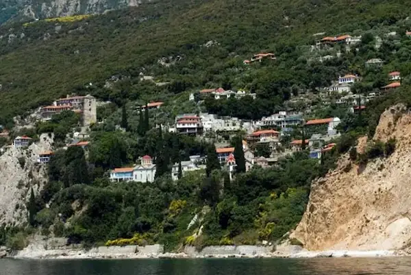 Nea Skiti monastic community built on the cliffs of Mount Athos overlooking the sea.