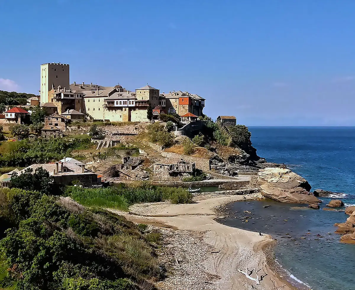 Pantokrator Monastery on Mount Athos overlooking the Aegean Sea.