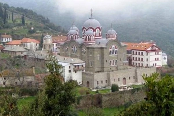 The historic Eastern Orthodox Skete of Prophet Elijah with its grand central church on Mount Athos.