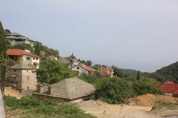 Monastic cells and houses at the Greek Orthodox Skete of Saint Panteleimon near Karyes on Mount Athos.